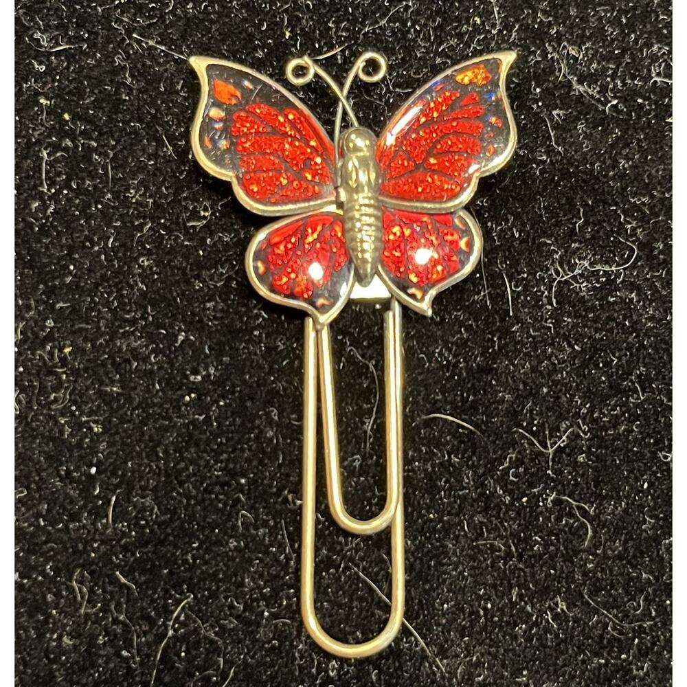 Vtg Red Yellow Glitter Enamel Gold Tone Butterfly Paper Clip Bookmark Monarch